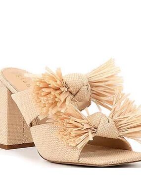 Gianni Bini Beige Raffia Pom Pom Block Heel Sandals